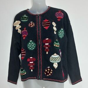Vintage Tiara Petite Black zip up Holiday Sweater Colorful Ornaments medium PM